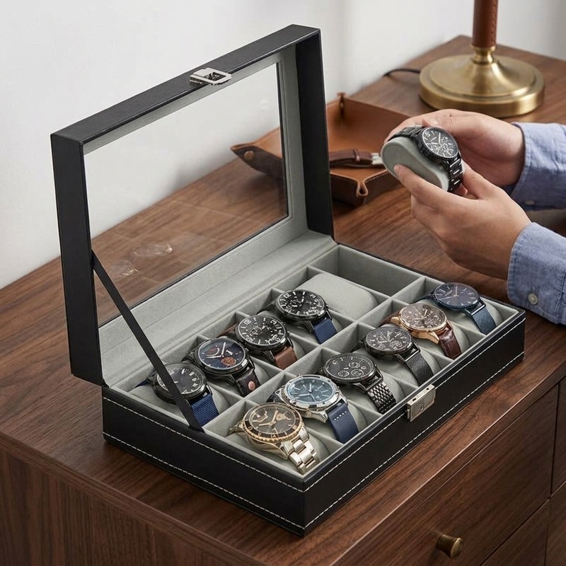Watch Display Case Glass Top 12 Slots - Коробка для часов из искусственной кожи,