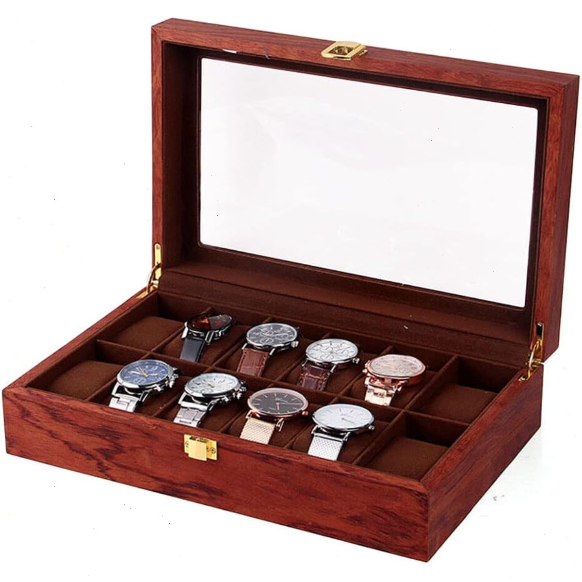 Watch Display Case Glass Top 12 Slots - Деревянная шкатулка для часов на 12