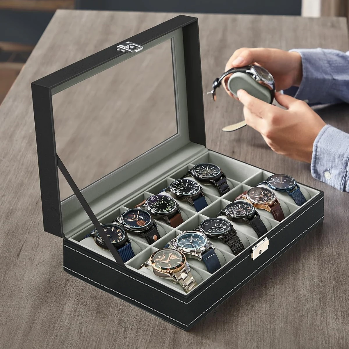 Watch Display Case Glass Top 12 Slots - Коробка для часов из искусственной кожи,