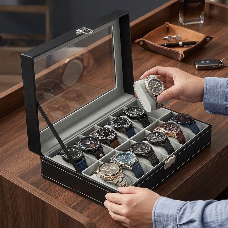 Watch Display Case Glass Top 12 Slots - Органайзер для часов из искусственной кожи