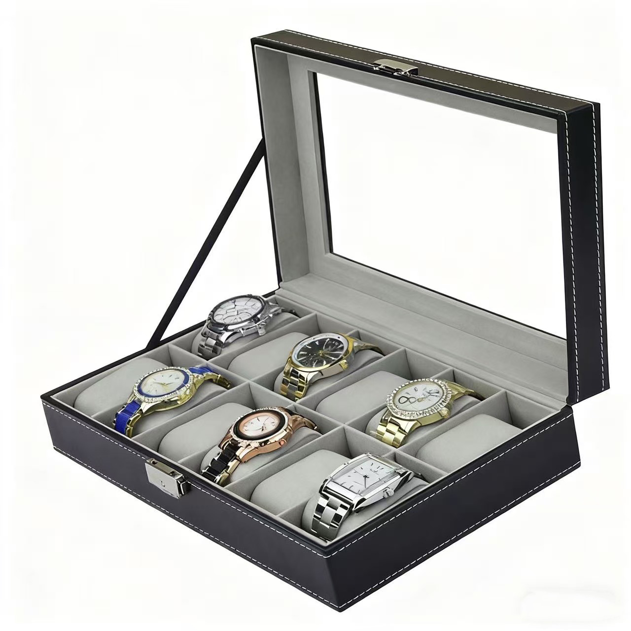 Watch Display Case Glass Top 12 Slots - Коробка для часов из искусственной кожи,