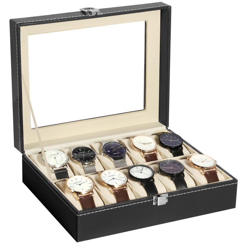 Watch Display Case Glass Top 12 Slots - 2/3/6/10/12 слотов из искусственной кожи, коробка