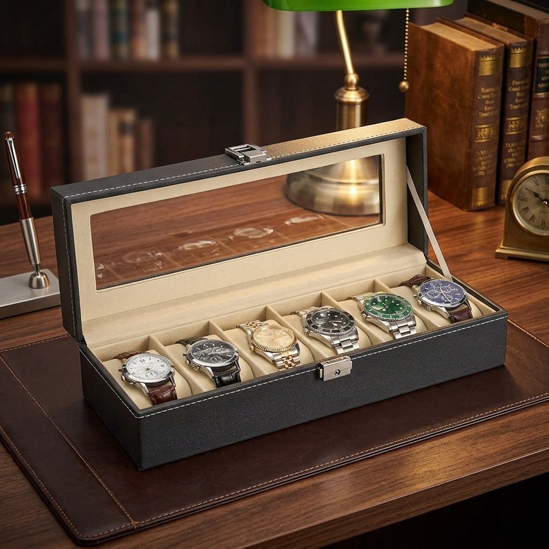 Watch Display Case Glass Top 12 Slots - Коробка для часов из искусственной кожи