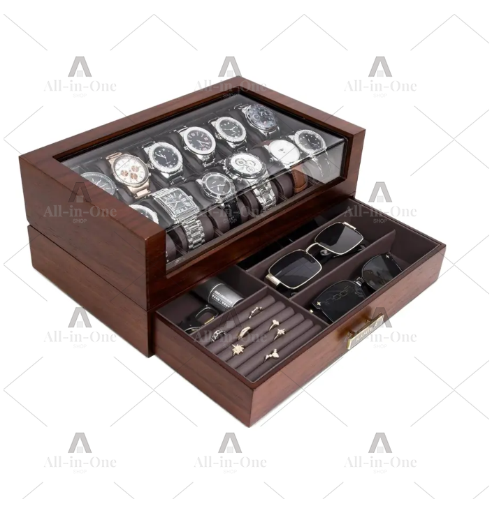 Watch Display Case Glass Top 12 Slots - Деревянная шкатулка для часов на 12