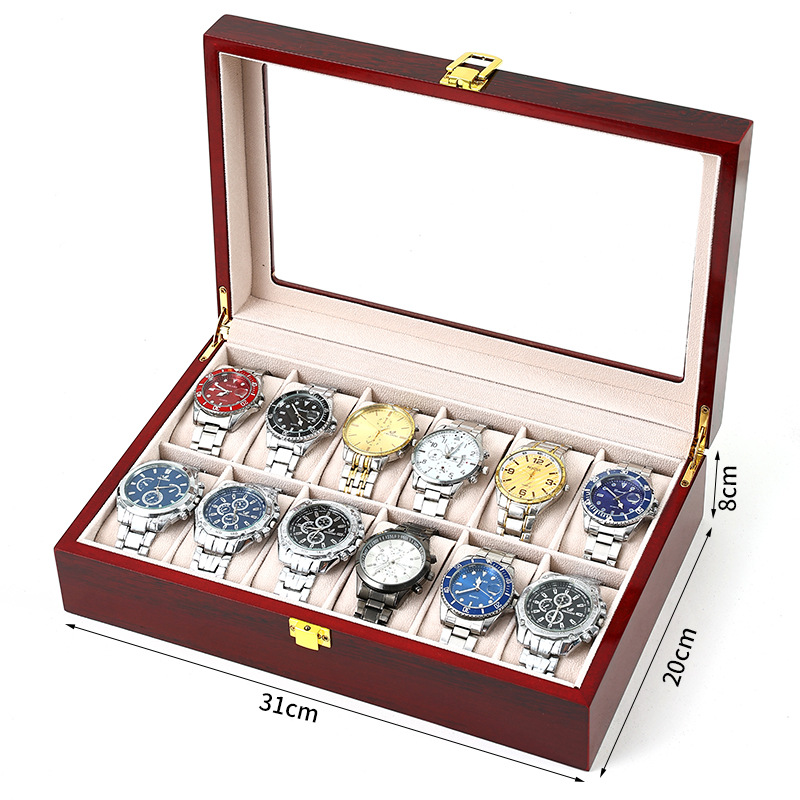 Watch Display Case Glass Top 12 Slots - Деревянная коробка для часов с 2/3/5/6/10/12