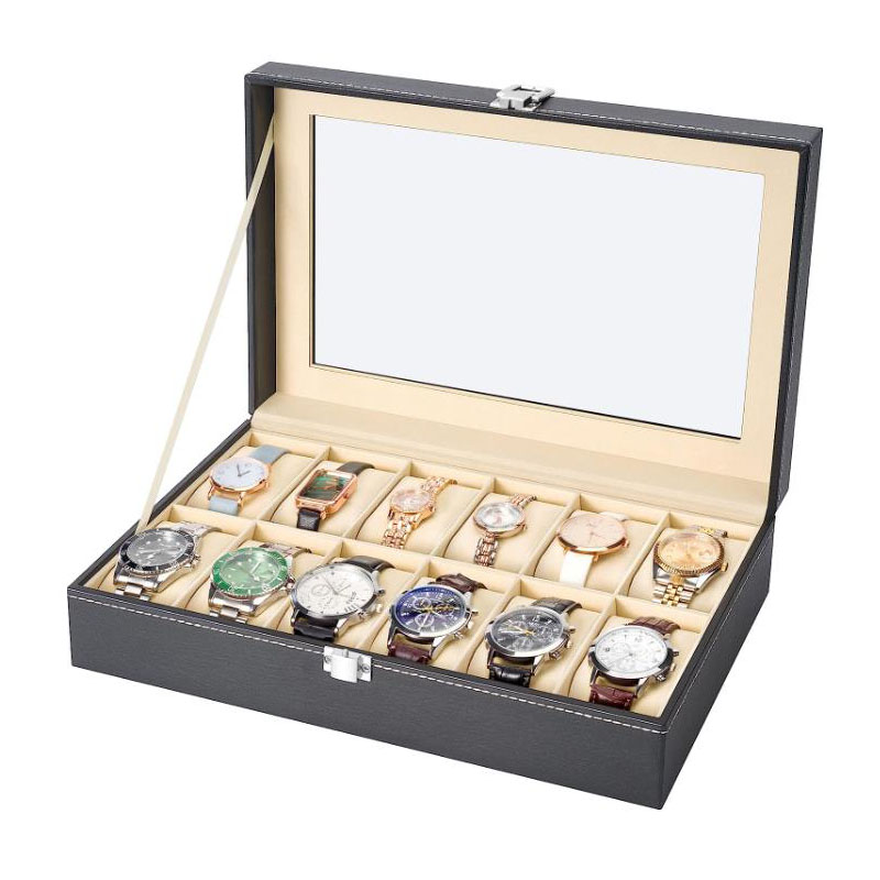 Watch Display Case Glass Top 12 Slots - Коробка для часов из искусственной кожи