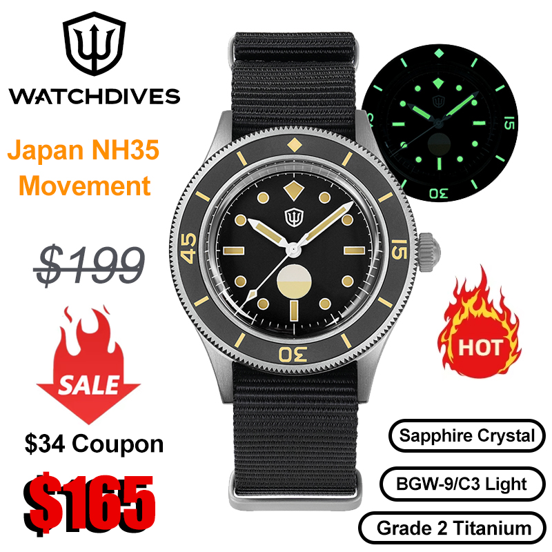 Titanium Automatic Watch 300M Sapphire - Watchdives WD50Ti Титановый механизм для часов