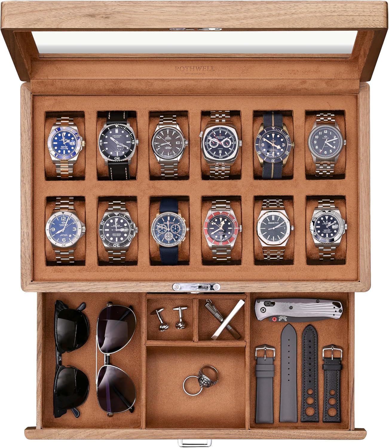 Шкатулка для часов из массива  – обзор и цена Watch Display Case Glass Top 12 Slots