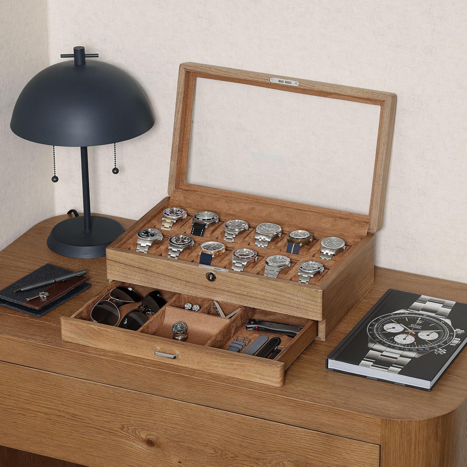 Шкатулка для часов из массива  – обзор и цена Watch Display Case Glass Top 12 Slots