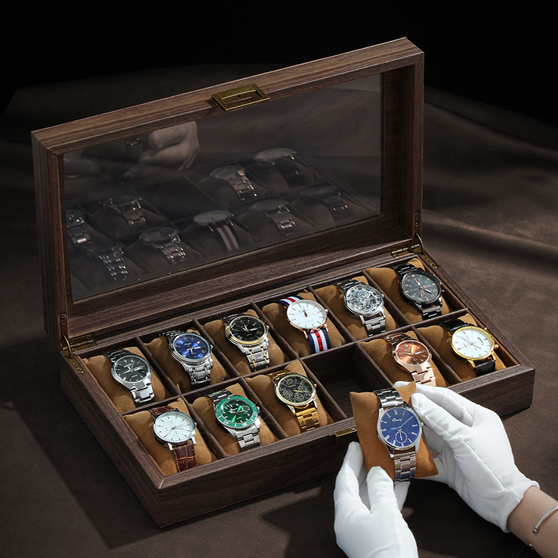 Винтажная кожаная коробка для  – обзор и цена Watch Display Case Glass Top 12 Slots