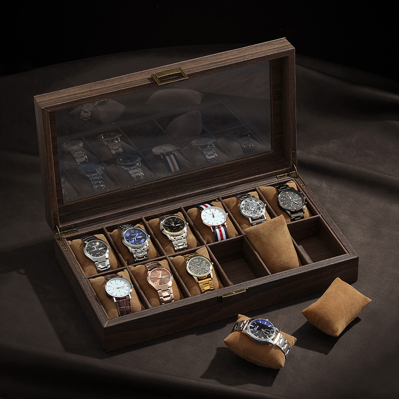 Винтажная кожаная коробка для  – обзор и цена Watch Display Case Glass Top 12 Slots