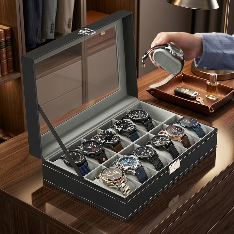 Коробка для часов из искусстве – обзор и цена Watch Display Case Glass Top 12 Slots