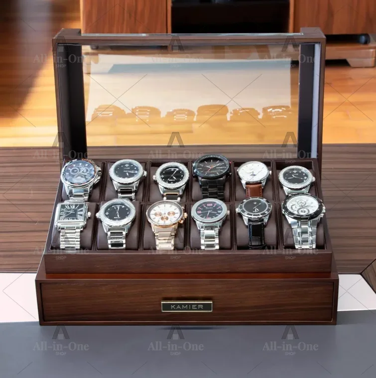 Деревянная шкатулка для часов  – обзор и цена Watch Display Case Glass Top 12 Slots